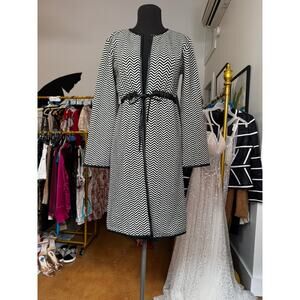 Vintage James Coviello for Anna Sui Chevron Wool Coat Black White Leather Trim